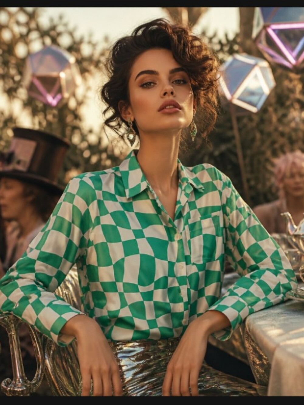 Checker Satin Button-Down Shirt in Green